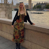 Vintage Blumendruck Chiffon V-Ausschnitt Slip A-Linie Maxikleid - Grün